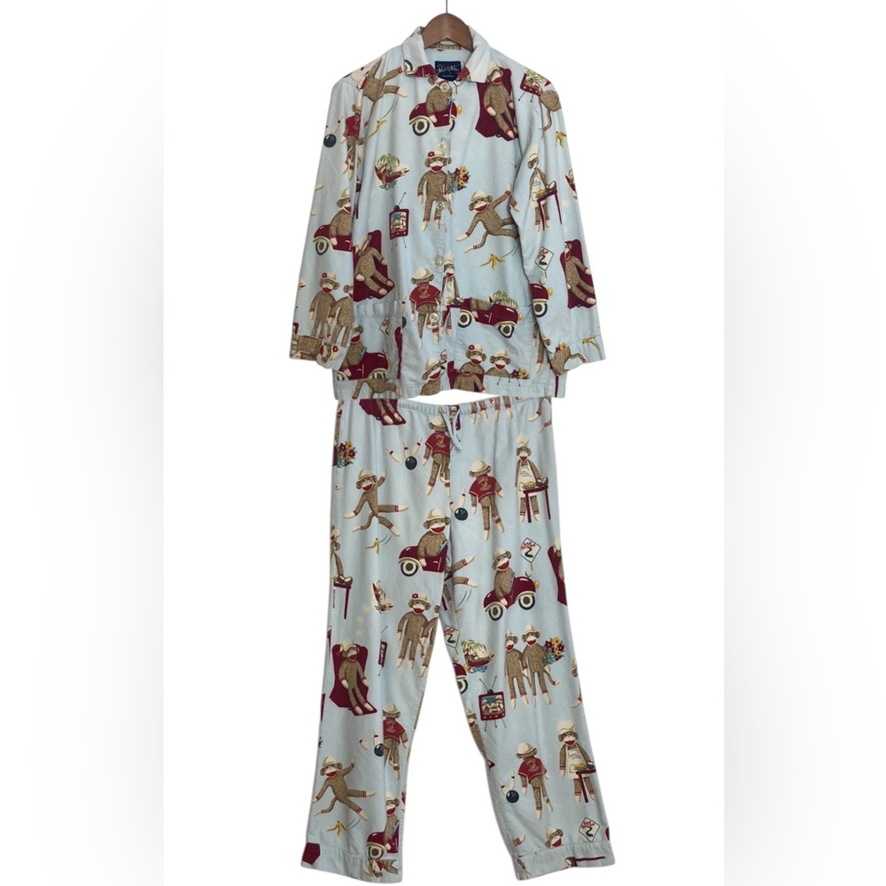 Nick & Nora Pajamas Womens Small Blue Cotton Flannel Sock Monkey Top Bottoms